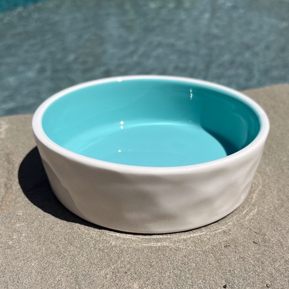 Rae Dunn Pet Bowl White & Turquoise DRINK Artisan Collection By Magenta Dimples - Picture 2 of 8
